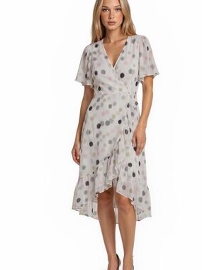 Calvin Klein Ivory Wrap Midi Dress with Multicolor Polka Dots